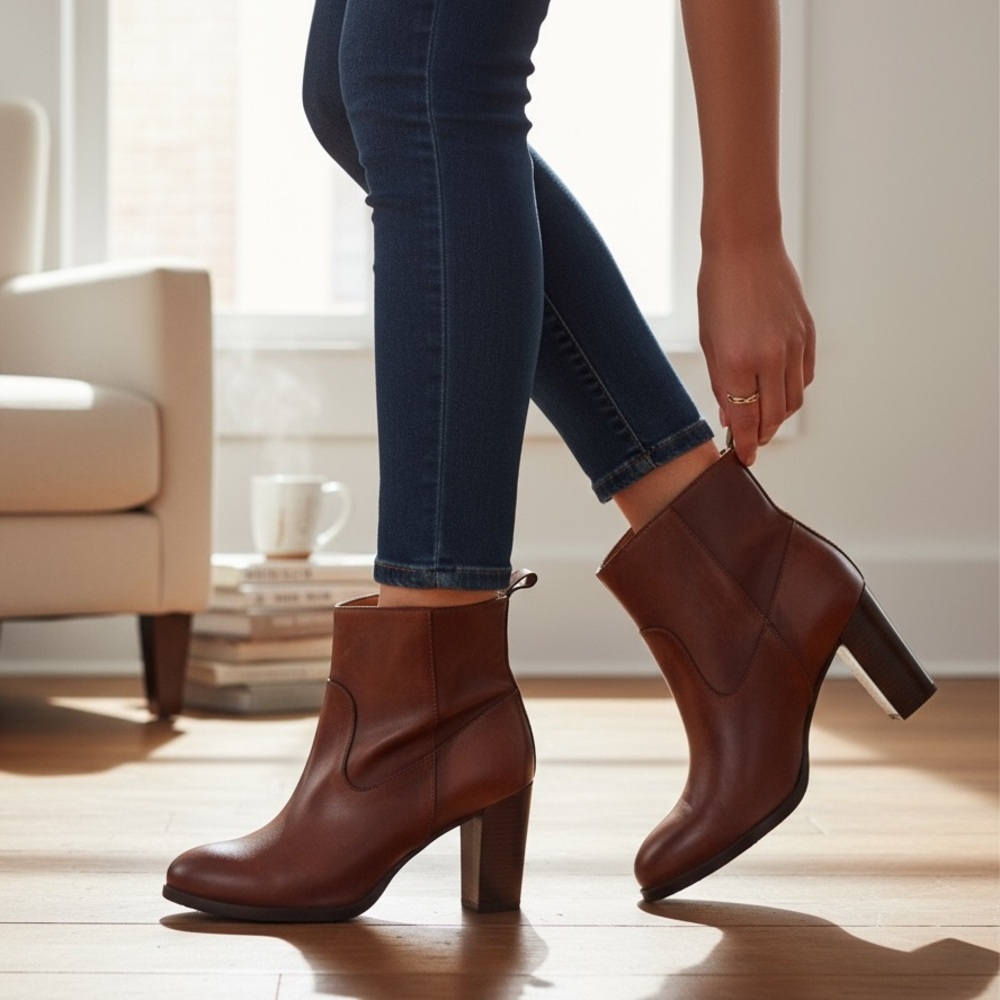 Cole Haan Chestnut Leather Heeled Boots - Picture 1 of 8